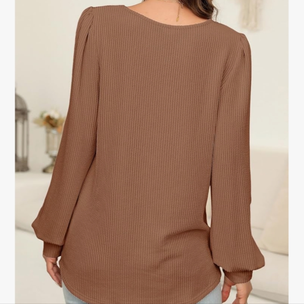 Tan Long Sleeve Square Neck Puff Sleeves Relaxed Blouse Top Sz XL - Picture 4 of 13